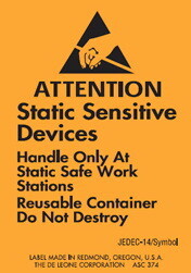 De Leone ASC374 Labels, Attention - Static Sensitive Devices - Handle Only At Static Safe Work Stations - Reusable Container, 1&#190;" x 2&#189;" (removable / fluorescent orange)