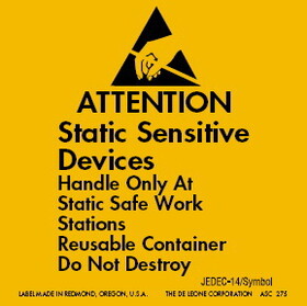 De Leone ASC375 Labels, Attention - Static Sensitive Devices - Handle Only At Static Safe Work Stations - Reusable Container, 2" x 2" (removable / fluorescent orange)