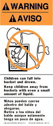 De Leone BWL314 Labels, Warning - Aviso - Children Can Fall Into Bucket And Drown - Keep Children Away From Buckets, 2&#189;" x 6"