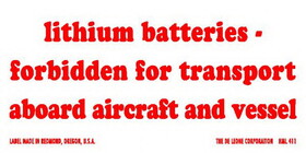 De Leone HML411 Labels, Lithium Batteries Forbidden For Transport Aboard Aircraft And Vessel, 2" x 4" (paper)