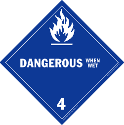 De Leone Labels, Dangerous When Wet - Class 4, 10&#190;" x 10&#190;" (tagboard)