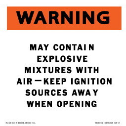 De Leone HMP401 Labels, Warning - May Contain Explosive Mixtures With Air - Keep Ignition Sources Away When Opening, 10&#190;" x 10&#190;" (paper)