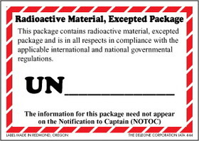 De Leone IATA444 Labels, Radioactive Material, Excepted Package - This Package Contains Radioactive Material, Excepted Package And Is In All Respects, 3" x 4&#188;"