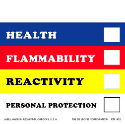De Leone RTK1100 Labels, Health - Flammability - Reactivity - Personal Protection, 8" x 8" (vinyl)