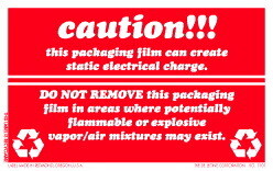 De Leone SCL1101 Labels, Caution!!! - This Packaging Film Can Create Static Electrical Charge, 5" x 8"