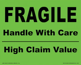 De Leone SCL1802 Labels, Fragile - Handle With Care - High Claim Value, 8" x 10" fluorescent green