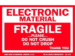 De Leone SCL542 Labels, Electronic - Material - Fragile - ...Please... - Do Not Crush - Do Not Drop, 3" x 4"