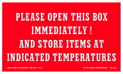 De Leone SCL596 Labels, Please Open This Box Immediately ! And Store Items At Indicated Temperatures, 3" x 5"