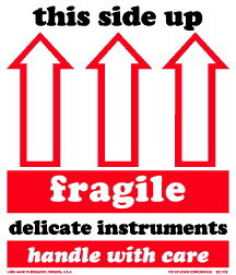 De Leone SCL834 Labels, This Side Up - Fragile - Delicate Instruments -Handle With Care - (Up Arrows), 4" x 4&#189; "