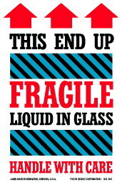 De Leone SCL841 Labels, This End Up - Fragile -Liquid In Glass -Handle With Care - (Up Arrows), 4" x 6"