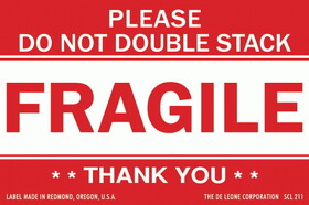 De Leone Labels, Please Do Not Double Stack - Fragile - 2" x 3" Gloss white paper / Red copy