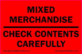 De Leone Labels, Mixed Merchandise - Check Contents Carefully, 2" x 3" fluorescent red