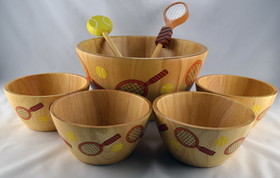 Wood Hand Painted Tennis Design Salad Bowl-Set of 5 pieces