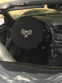 Car Steering Wheel Cover &#8211; Black W/ Tan Tennis Logo