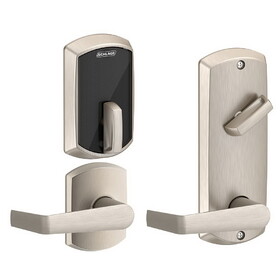 Schlage Electronic FE410FGRW512SAT619 Control Smart Interconnected Lock UL Listed with Greenwich Trim and Saturn Lever with 5-1/2" Bore Spacing with 12356 Latch and 10152 Strike Satin Nickel Finish