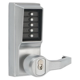 Kaba Simplex LR1076S26D Right Hand Mechanical Pushbutton Lever Lock Combination; Privacy; and Key Override; Schlage Prep; 2-3/4" Backset; and 3/4" Throw Satin Chrome Finish