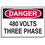 Seton 1599B Lockout Hazard Warning Labels- Danger 480 Volts Three Phase, Price/5 /Label