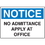 Seton 72909 OSHA Notice Signs - Notice No Admittance Apply At Office, Price/Each