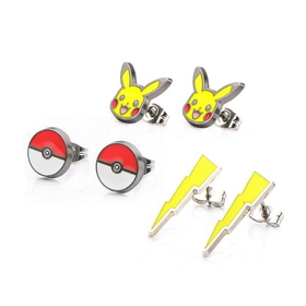 Body Vibe BDV-PMPIKAER02-BP-C Pokemon Pikachu, Lightning Bolt & Pokeball Stud Earrings, Set of 3