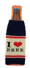 A Crowded Coop Knit Beer Bottle Cozy - "I Love Beer" Navy/White/Red