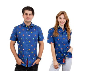 Opposuits Super Mario Bros. Icons Navy Button-Up Short Sleeve Adult Shirt