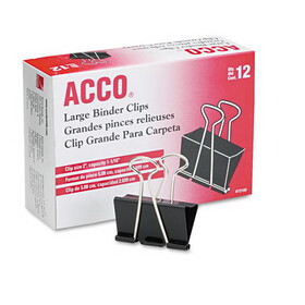 Acco Brands ACC72100 Large Binder Clips, Steel Wire, 1 1/16" Cap, 2"w, Black/silver, Dozen