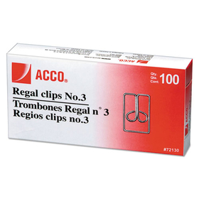 Acco Brands ACC72130 Regal Clips, #3, Smooth, Silver, 100/Box