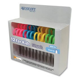 Westcott ACM14871 Kids' Scissors with Antimicrobial Protection, Rounded Tip, 5" Long, 2" Cut Length, Straight Assorted Color Handles, 12/Pack