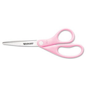 Westcott ACM15387 All Purpose Pink Ribbon Scissors, 8" Long, 3.5" Cut Length, Straight Pink Handle