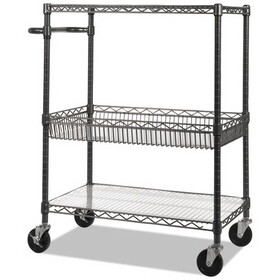 ALERA ALESW543018BA Three-Tier Wire Cart with Basket, Metal, 2 Shelves, 1 Bin, 500 lb Capacity, 34" x 18" x 40", Black Anthracite
