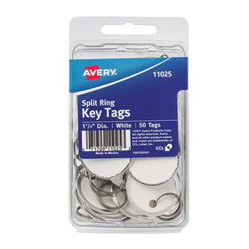 Avery AVE11025 Key Tags with Split Ring, 1.25" dia, White, 50/Pack