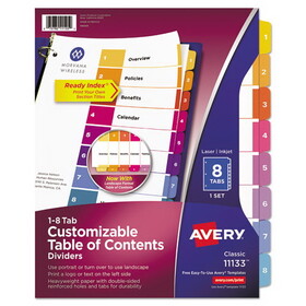 Avery AVE11133 Customizable TOC Ready Index Multicolor Tab Dividers, 8-Tab, 1 to 8, 11 x 8.5, White, Traditional Color Tabs, 1 Set
