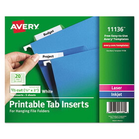 AVERY-DENNISON AVE11136 Printable Inserts For Hanging File Folders, 1/5 Tab, Two, White, 100/pack
