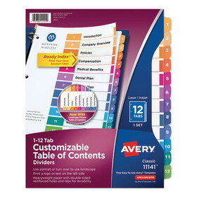 Avery AVE11141 Customizable TOC Ready Index Multicolor Tab Dividers, 12-Tab, 1 to 12, 11 x 8.5, White, Traditional Color Tabs, 1 Set