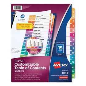 Avery AVE11143 Ready Index Customizable Table Of Contents Multicolor Dividers, 15-Tab, Letter