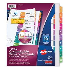 Avery AVE11165 Ready Index Customizable Table Of Contents, Asst Dividers, 10-Tab, 11 X 9 1/2