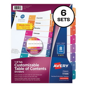 AVERY-DENNISON AVE11186 Ready Index Customizable Table Of Contents, Asst Dividers, 8-Tab, Ltr, 6 Sets