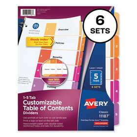 Avery AVE11187 Customizable TOC Ready Index Multicolor Tab Dividers, 5-Tab, 1 to 5, 11 x 8.5, White, Traditional Color Tabs, 6 Sets