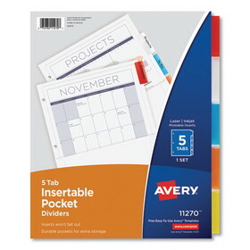 AVERY-DENNISON AVE11270 Insertable Dividers w/Single Pockets, 5-Tab, 11.25 x 9.13, White, 1 Set