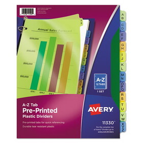 Avery AVE11330 Durable Preprinted Plastic Tab Dividers, 12-Tab, A to Z, 11 x 8.5, Assorted, 1 Set