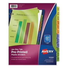 Avery AVE11331 Durable Preprinted Plastic Tab Dividers, 12-Tab, Jan. to Dec., 11 x 8.5, Assorted, 1 Set