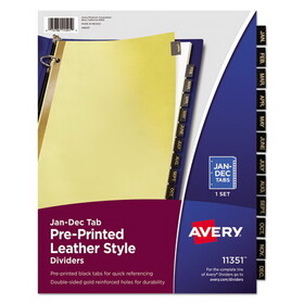 Avery AVE11351 Preprinted Black Leather Tab Dividers w/Gold Reinforced Edge, 12-Tab, Jan. to Dec., 11 x 8.5, Buff, 1 Set
