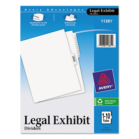 Avery AVE11381 Preprinted Legal Exhibit Side Tab Index Dividers, Avery Style, 11-Tab, 1 to 10, 11 x 8.5, White, 1 Set