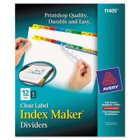 AVERY-DENNISON AVE11405 Print and Apply Index Maker Clear Label Dividers, 12-Tab, Color Tabs, 11 x 8.5, White, 5 Sets