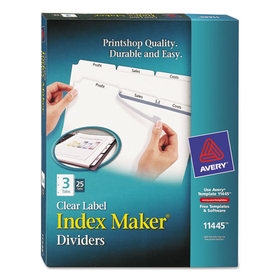 Avery AVE11445 Print and Apply Index Maker Clear Label Dividers, 3-Tab, White Tabs, 11 x 8.5, White, 25 Sets