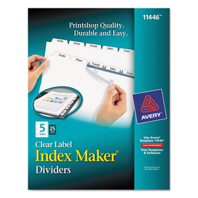 Avery AVE11446 Print and Apply Index Maker Clear Label Dividers, 5-Tab, White Tabs, 11 x 8.5, White, 25 Sets