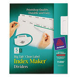 Avery AVE11490 Print and Apply Index Maker Clear Label Dividers, Big Tab, 5-Tab, White Tabs, 11 x 8.5, White, 1 Set