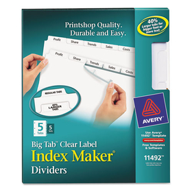 Avery AVE11492 Print and Apply Index Maker Clear Label Dividers, Big Tab, 5-Tab, White Tabs, 11 x 8.5, White, 5 Sets