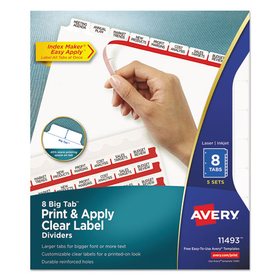 Avery AVE11493 Print and Apply Index Maker Clear Label Dividers, Big Tab, 8-Tab, 11 x 8.5, White, 5 Sets