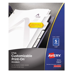 Avery AVE11511 Customizable Print-On Dividers, 3-Hole Punched, 5-Tab, 11 x 8.5, White, 1 Set